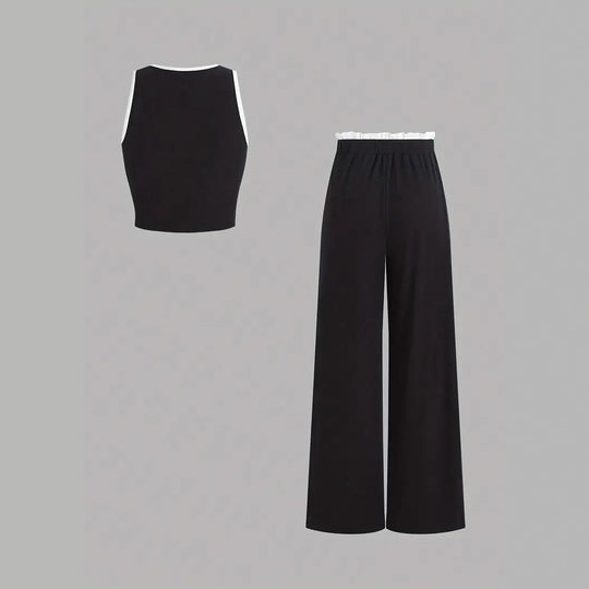 Damen stylishes Sport-Set mit hoch taillierter Weitbein-Hose und sportlichem Bustier EB