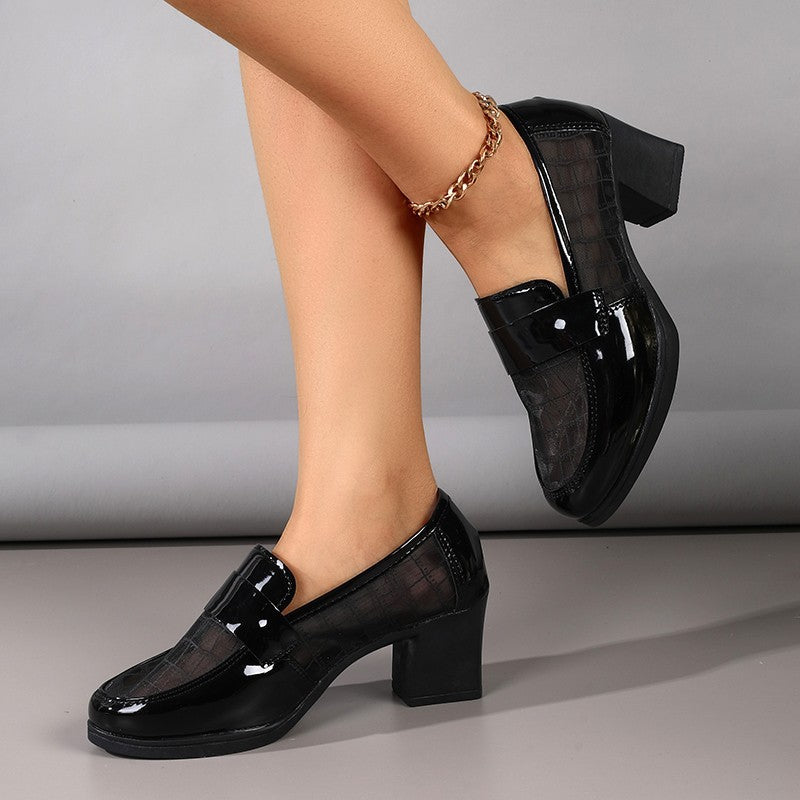 Damen Elegante und modische Ballerinas mit glänzender Oberfläche und komfortablem Blockabsatz EB