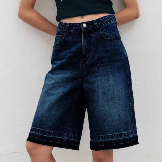 Damen Hoch taillierte Denim-Shorts mit weitem Bein und modischer Struktur EB