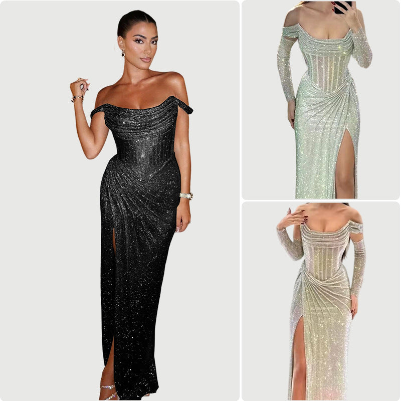 Damen Elegantes Abendkleid mit schimmerndem Schmuckdetail und drapiertem Rock EB