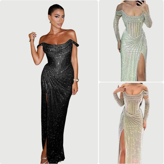 Damen Elegantes Abendkleid mit schimmerndem Schmuckdetail und drapiertem Rock EB
