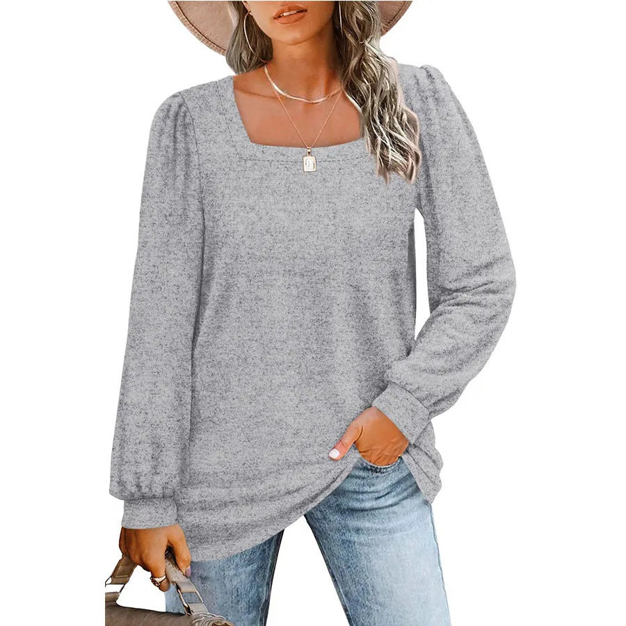 Damen Legerer Feinstrick-Pullover mit quadratischem Ausschnitt, Puffschulter und Bündchen EB