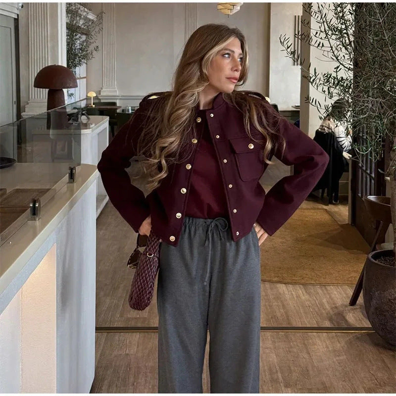 Damen Modische Kurzjacke mit praktischen Taschen und goldenen Druckknöpfen EB