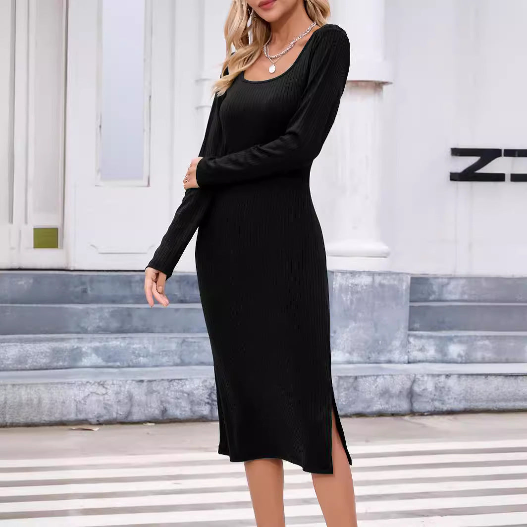 Damen Figurbetontes Geripptes Midikleid mit U-Ausschnitt EB