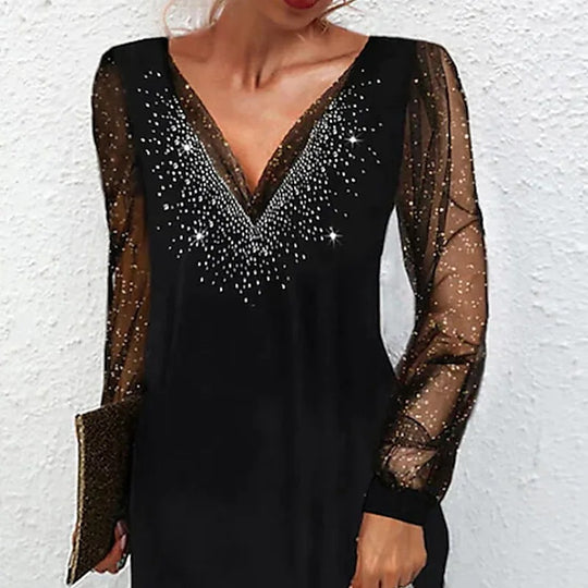 Damen elegantes Abendkleid mit glitzernden Akzenten und transparenten Ärmeln EB