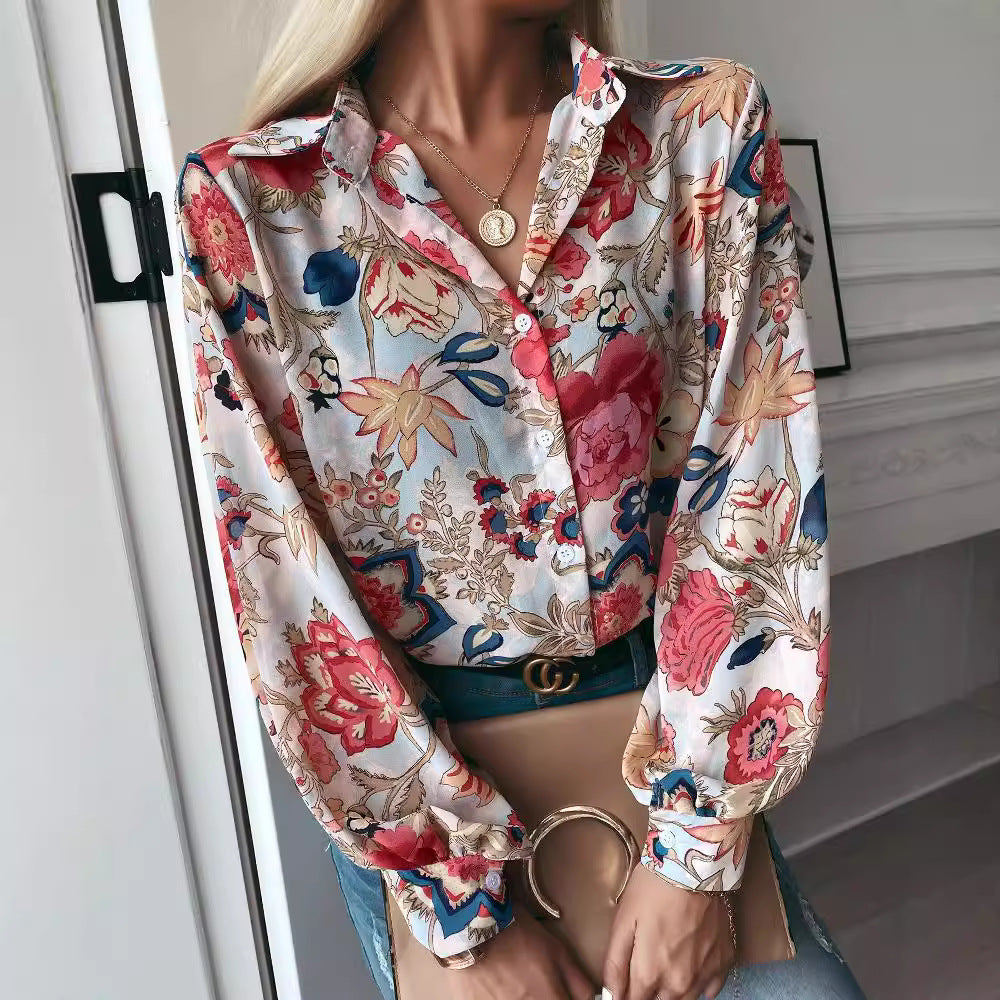 Damen elegante Bluse mit floralem Muster und modernen Puffärmeln EB