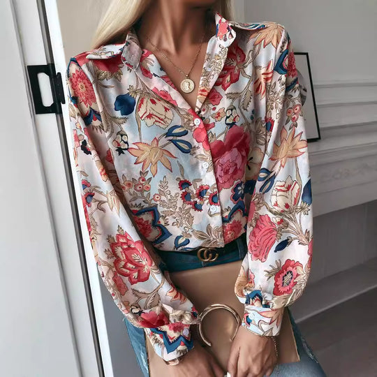 Damen elegante Bluse mit floralem Muster und modernen Puffärmeln EB