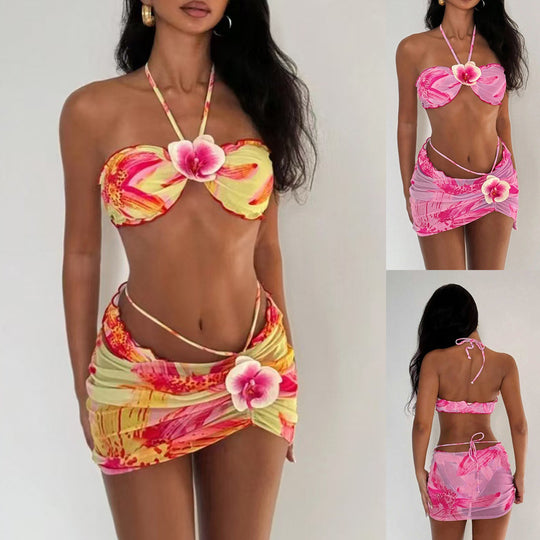 Damen Bandeau-Bikini mit floralem Design und Wickelrock EB