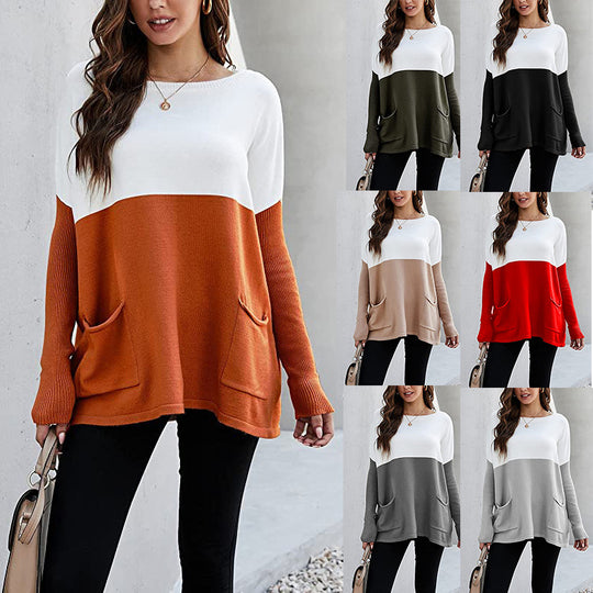 Damen Strickpullover mit großen Fronttaschen und kontrastiertem Design EB