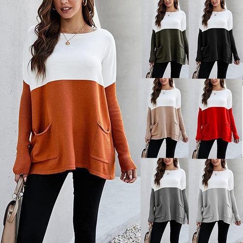 Damen Strickpullover mit großen Fronttaschen und kontrastiertem Design EB