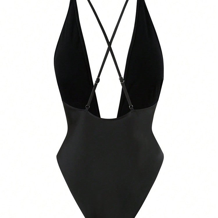 Damen Einteiler Badeanzug mit tiefem V-Ausschnitt und stilvollem Ringdetail EB