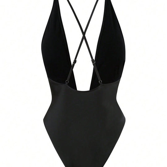 Damen Einteiler Badeanzug mit tiefem V-Ausschnitt und stilvollem Ringdetail EB