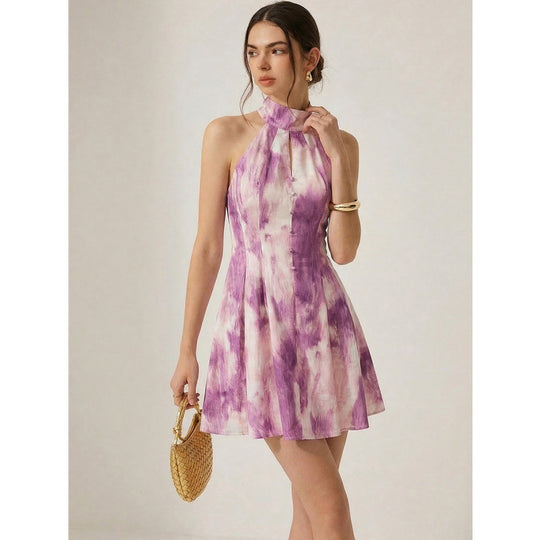 Damen Sommerliches Minikleid mit hochgeschlossenem Kragen und verspieltem Farbverlauf EB