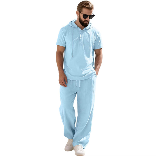 Herren nan lässiges Kurzarm-Kapuzenshirt im gekreppten Baumwollmix mit Henley-Knopfleiste EB