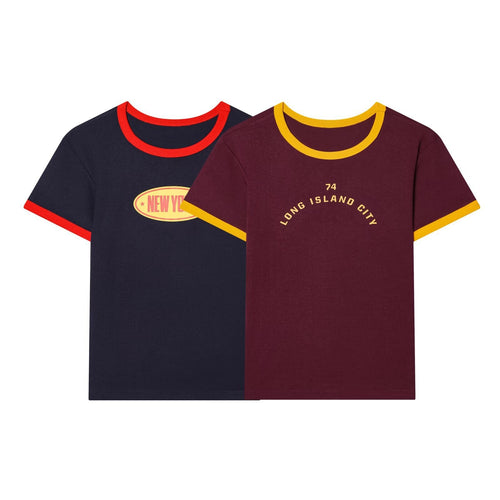 Damen Freizeit T-Shirt mit kontrastierenden Ärmeln und trendigem Schriftzug EB