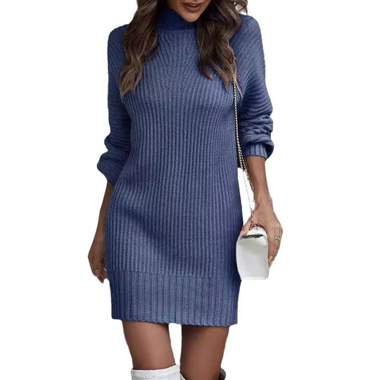 Damen Strickkleid mit hohem Kragen und modischen Rippdetails EB
