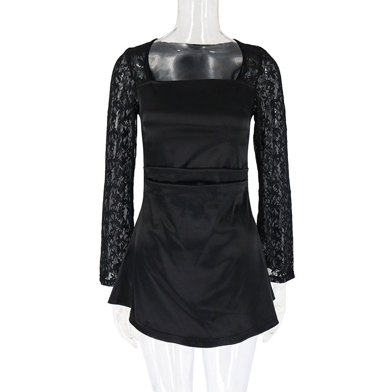 Damen Elegantes Kleid mit Spitzenärmel und fließendem Rock EB