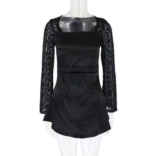 Damen Elegantes Kleid mit Spitzenärmel und fließendem Rock EB