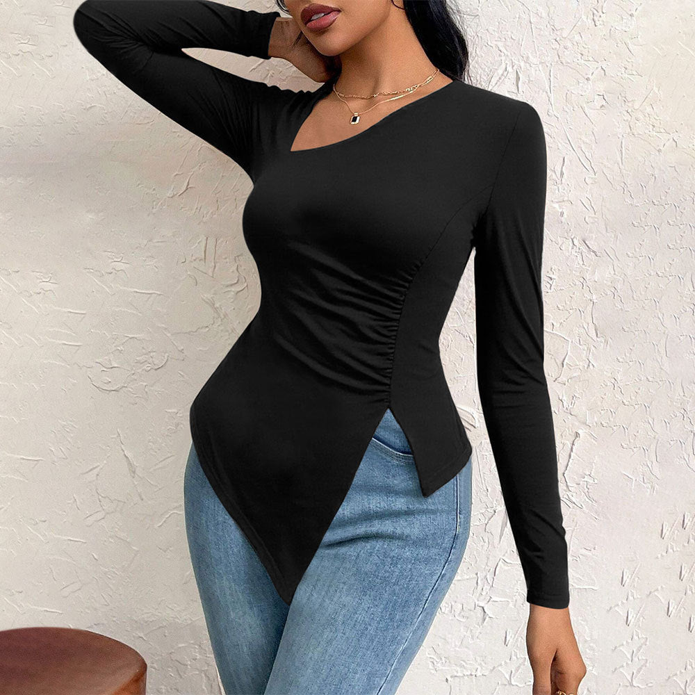 Damen asymmetrisches Langarm-Shirt mit diagonalem Cut-Out, taillierter Seitenraffung und spitz zulaufendem Zipfel-Saum Eichborn Berlin