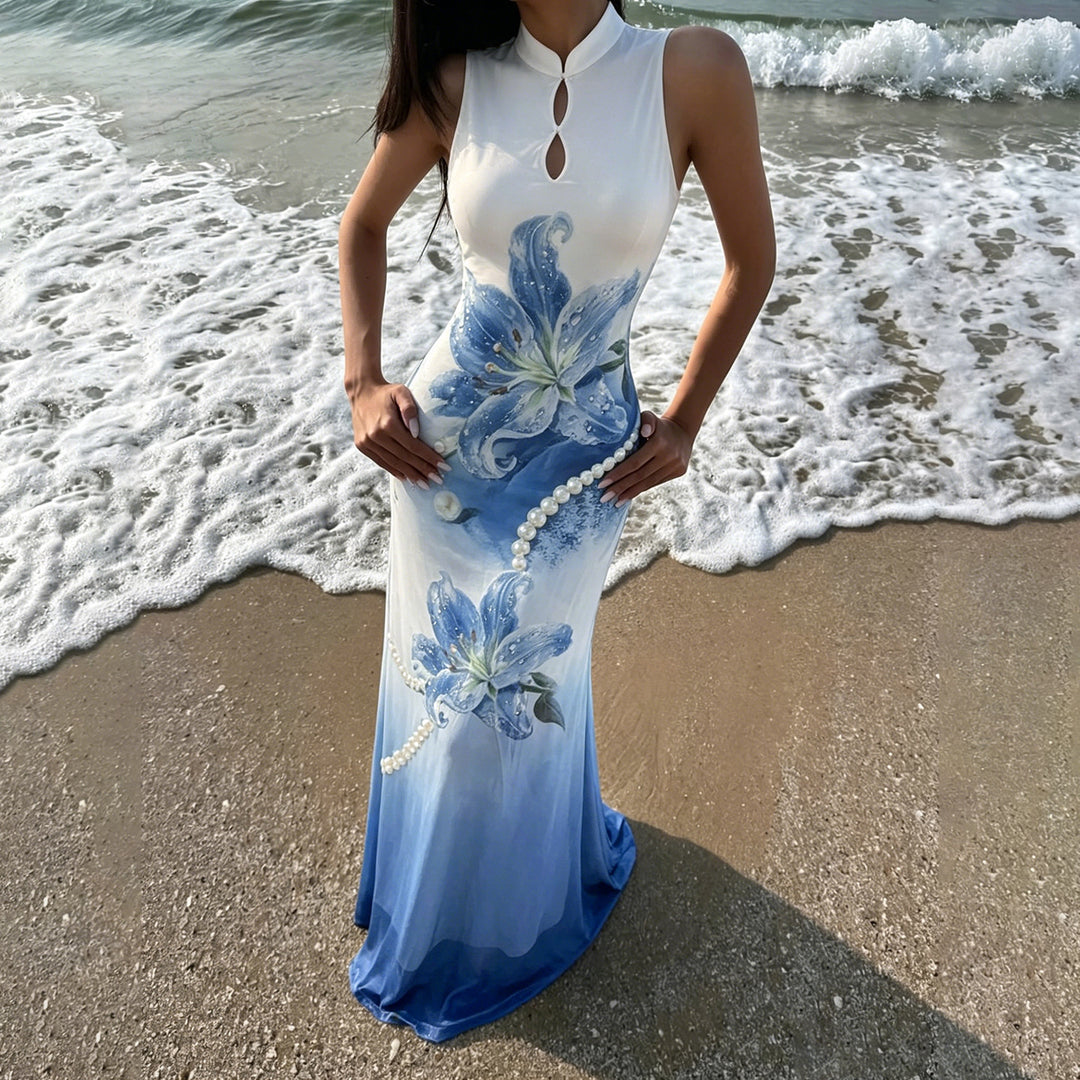 Damen Maxikleid mit floralem Druck und Perlenverzierungen EB
