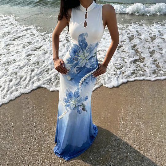 Damen Maxikleid mit floralem Druck und Perlenverzierungen EB