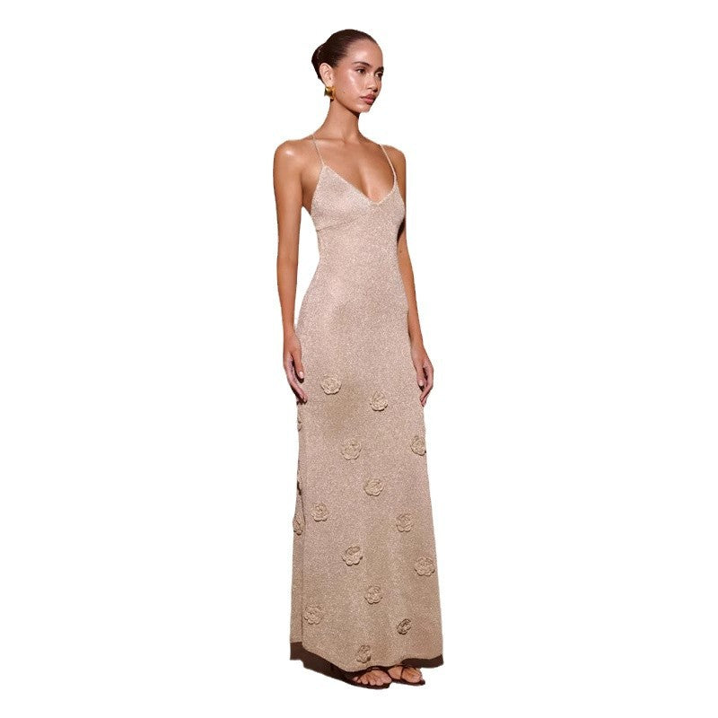 Damen Elegantes Maxikleid mit funkelnden Blütenapplikationen EB