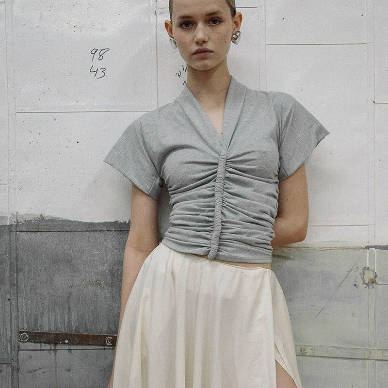 Damen elegantes Kurzarmoberteil mit figurbetonter Raffung EB