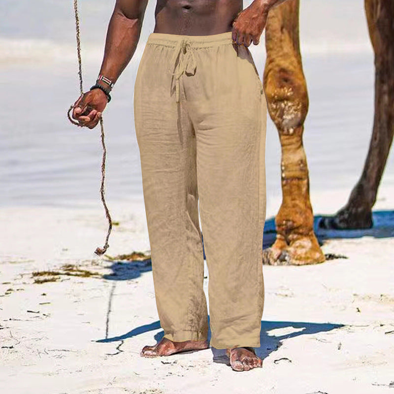 Herren lässige Strandhose aus leichtem Leinenstoff mit elastischem Bund und Kordelzug EB