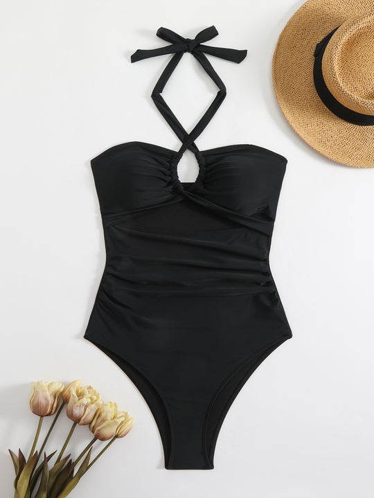 Damen Einteiliger Badeanzug mit eleganten Rüschendetails und innovativem Halterneck EB