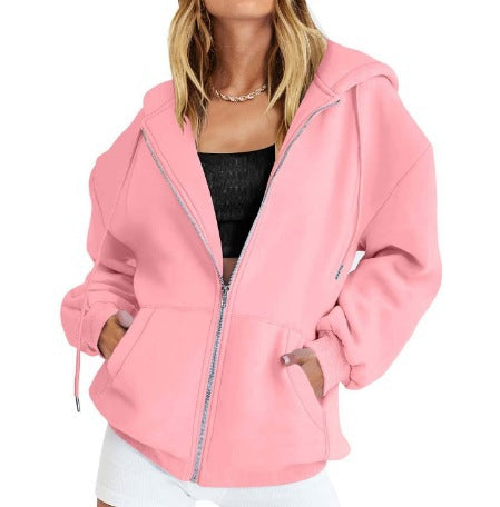 Damen nan oversized Zip-Kapuzenjacke mit kontrastierendem Reißverschluss, doppellagiger Kapuze und Kängurutasche EB