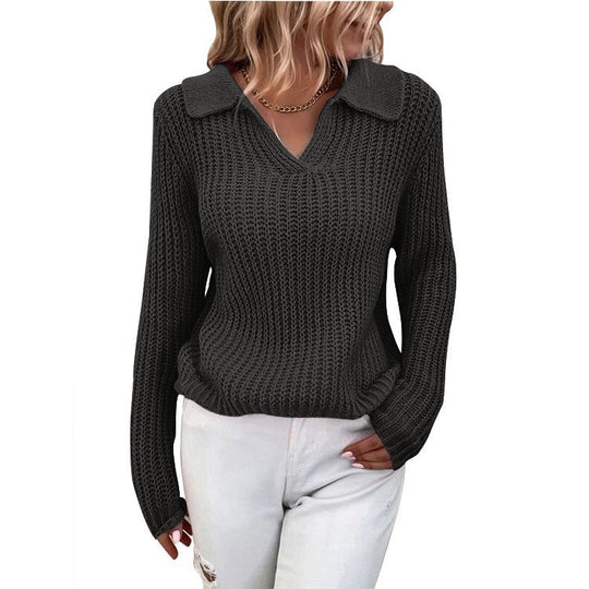 Damen V-Ausschnitt Strickpullover mit Kragen EB