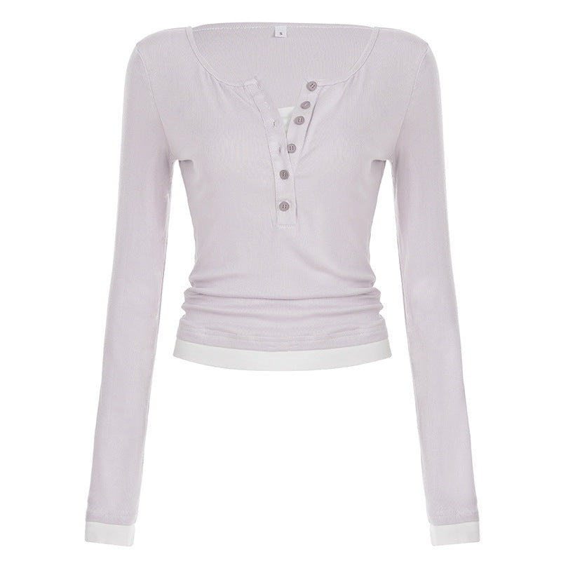 Damen nan tailliertes Henley-Crop-Longsleeve mit kontrastierenden Saum- und Ärmelbündchen EB