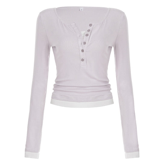 Damen nan tailliertes Henley-Crop-Longsleeve mit kontrastierenden Saum- und Ärmelbündchen EB