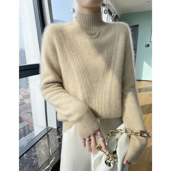 Damen Strickpullover mit hohem Kragen und Zopfmuster EB