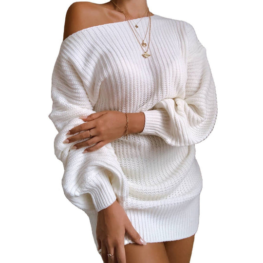 Damen Strickkleid mit schulterfreiem Design und voluminösen Ärmeln EB