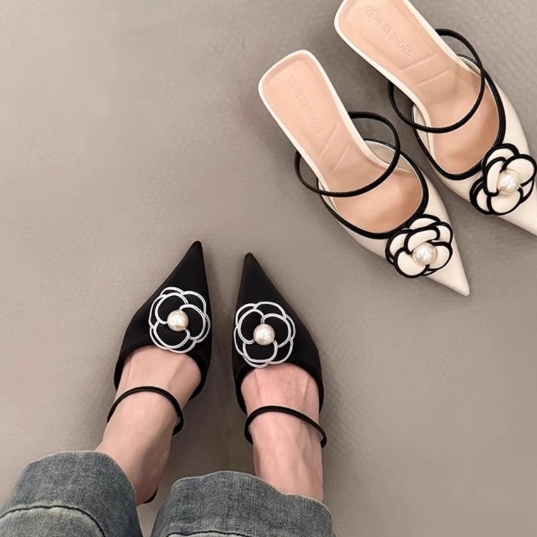 Damen Slingback Mules mit floralem Design und Perlenakzent EB