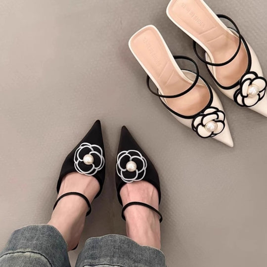 Damen Slingback Mules mit floralem Design und Perlenakzent EB