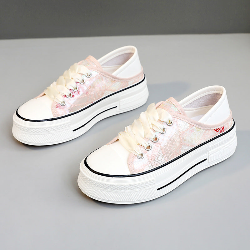 Damen modische Plateausneaker mit glänzenden Pailletten und elastischem Schnürsystem EB
