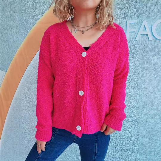 Damen kuschelige Strickjacke mit Knopfdetails und lässigem Schnitt EB