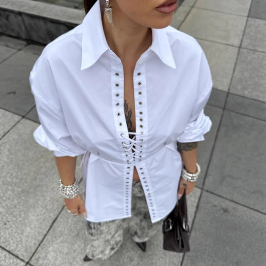 Damen Blusenshirt mit Rüschendesign und eleganter Schnürung EB