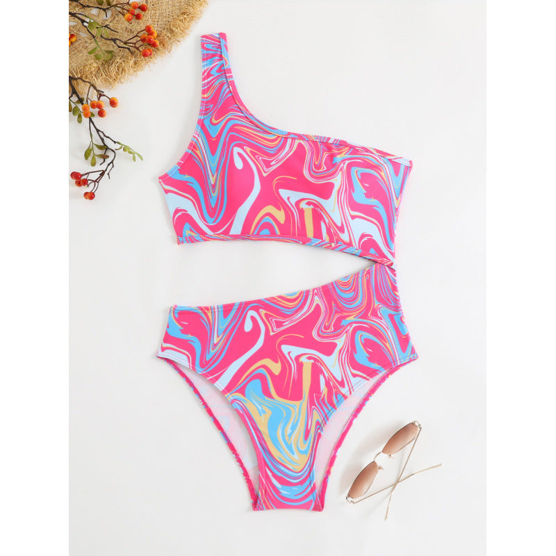 Damen One-Shoulder Bikini-Set mit buntem Muster und hohem Beinausschnitt EB
