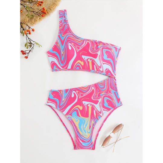 Damen One-Shoulder Bikini-Set mit buntem Muster und hohem Beinausschnitt EB