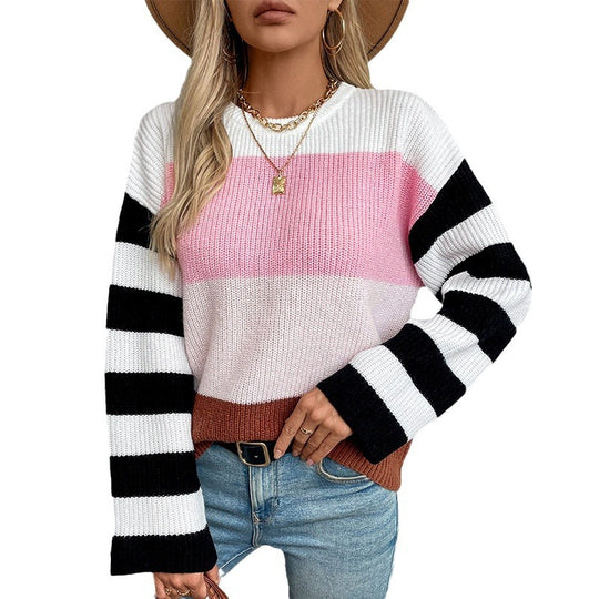 Damen modischer Pullover mit lässigem Streifenmuster und weitem Schnitt EB