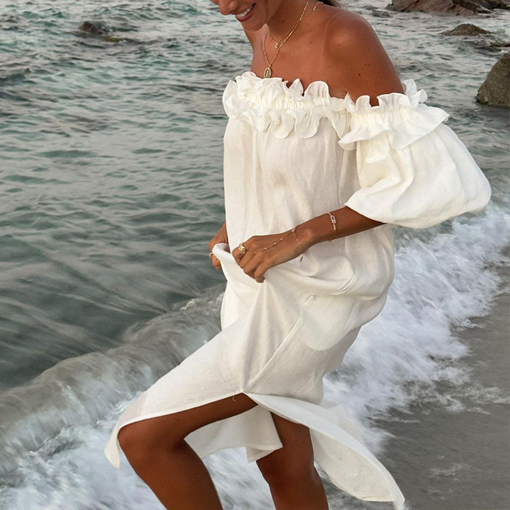 Damen Off-Shoulder Sommerkleid mit Rüschendetails EB