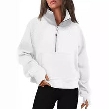 Damen nan weit geschnittenes Kurzpullover mit Stehkragen, halbem Reißverschluss und Kängurutasche EB