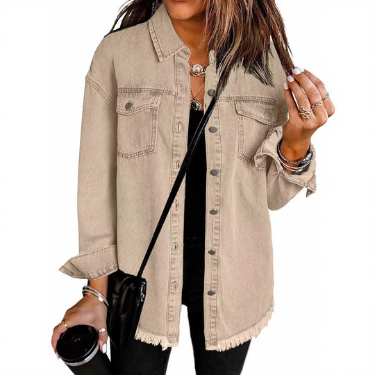 Damen Denim Overshirt mit fransigem Saum und Brusttaschen EB