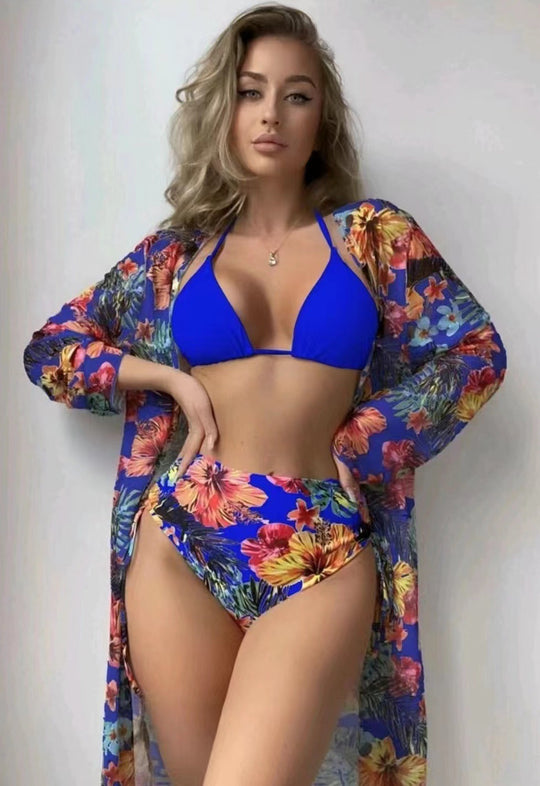 Damen Bunter Bikini mit selbstbewusster Hochbund-Hose und transparenter Strandsch cover EB