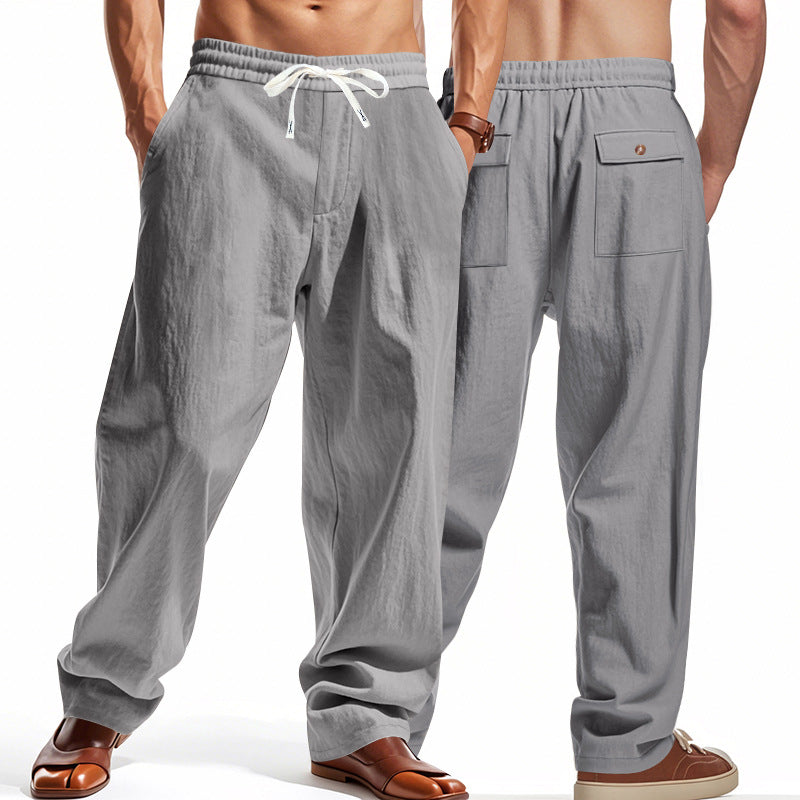 Herren nan lässige Leinen-Freizeithose mit elastischem Bund Kordelzug und aufgesetzten Gesäßtaschen EB