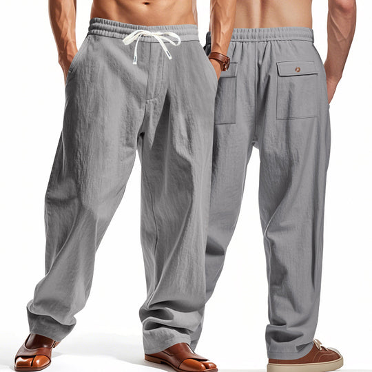 Herren nan lässige Leinen-Freizeithose mit elastischem Bund Kordelzug und aufgesetzten Gesäßtaschen EB