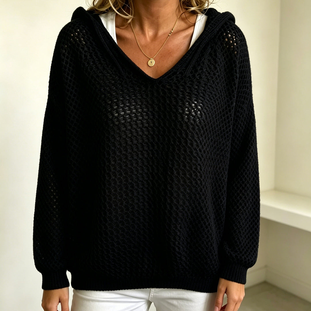 Damen Grobgestrickter V-Ausschnitt-Pullover mit Kapuze und Lochmuster EB